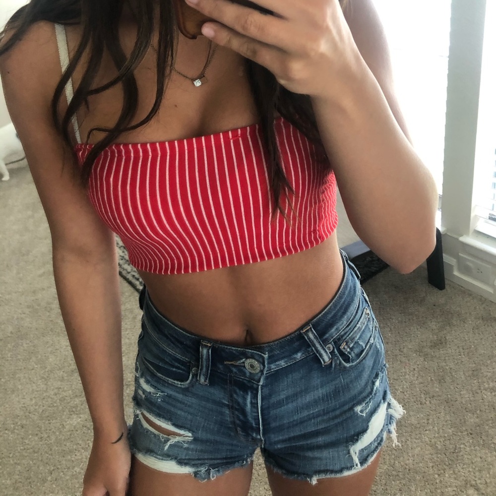 Red and white striped strapless bandeau top